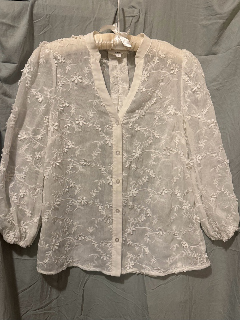 Lightweight White Embroidered Button-Up Blouse